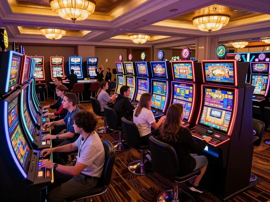 Players spinning slot machines in a vibrant casino area filled with colorful lights and excitement
