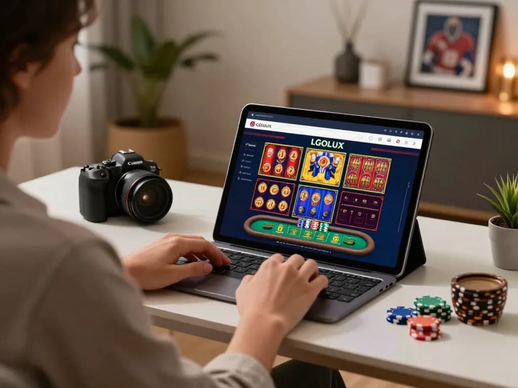 Player engaging with LGOLUX casino app on a tablet, showcasing an immersive online gaming experience.