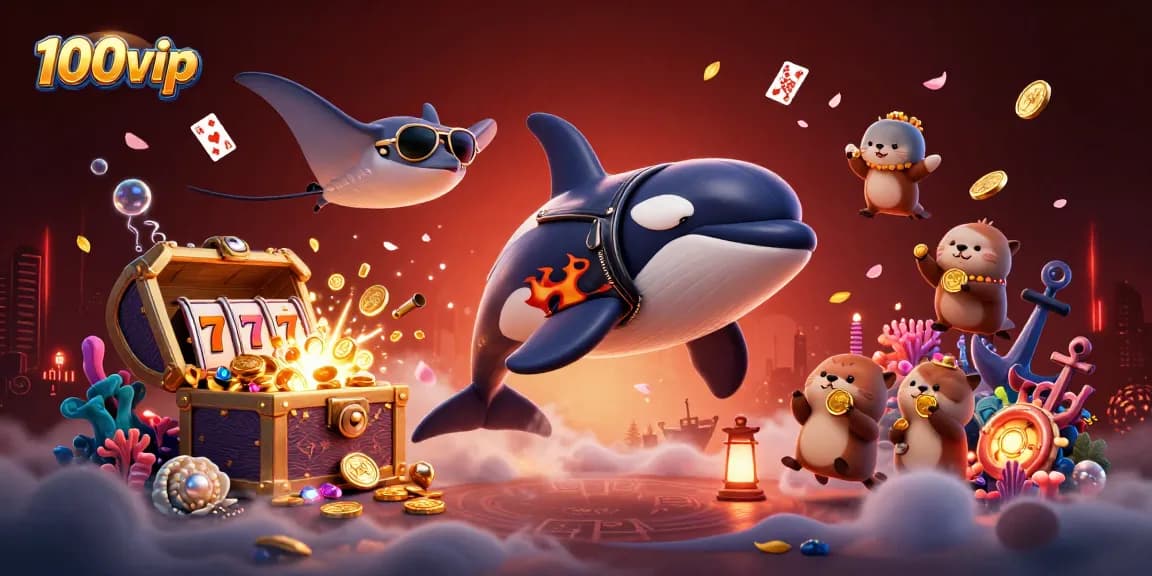 Engage with 100vip's thrilling underwater casino scene featuring dynamic characters and exciting game elements.