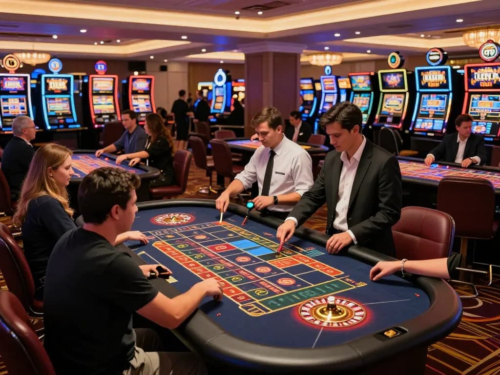 TG88 players eagerly watching the roulette wheel spin in a vibrant casino setting with colorful lights.