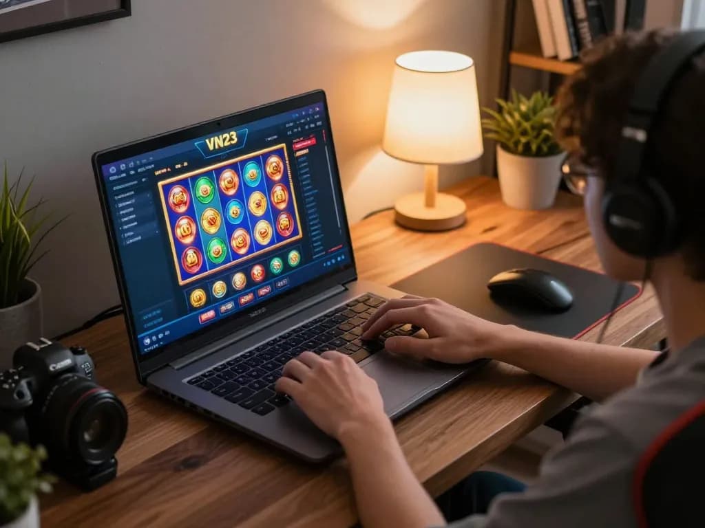 Engaging player enjoying VN23's online gaming experience from a stylish home office, illustrating modern gambling dynamics