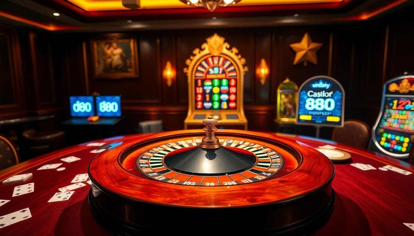 Exciting gambling atmosphere showcasing dn 888 with roulette wheel, poker chips, and colorful slot machine.