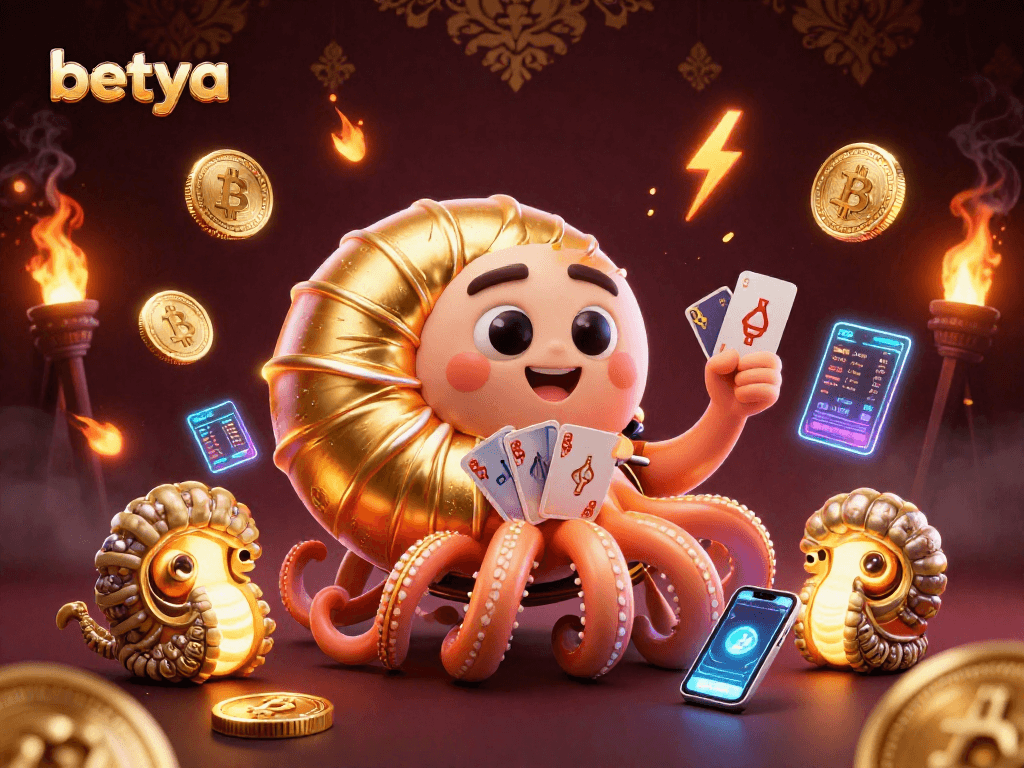 Betya showcases a vibrant 3D casino scene featuring a nautilus roulette wheel and crypto elements.
