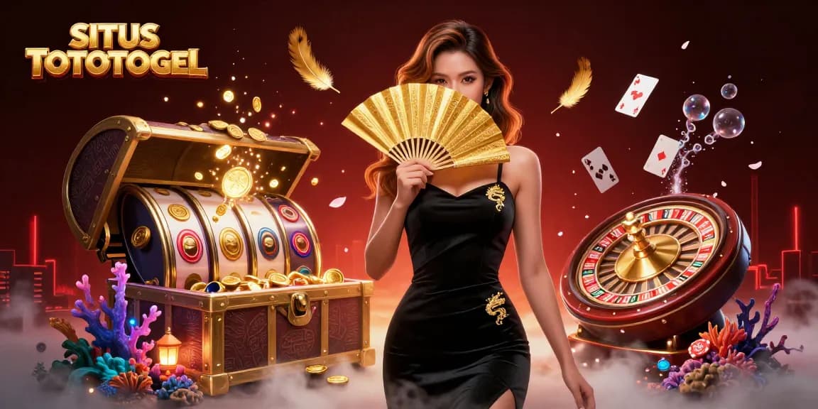 Engage on SITUS TOTOTOGEL with an illustrated casino scene featuring a glamorous player amidst slot reels and treasures.