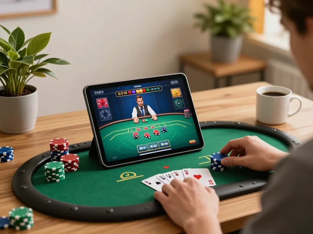 Player enjoying poker on RR88 online casino app, cozy home environment, chips and cards visible