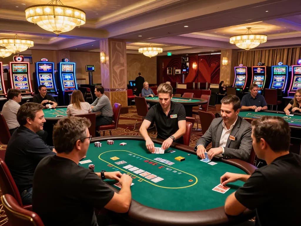 Casino Sunwin trình diễn các người chơi tham gia vào những trò chơi poker cược cao, làm nổi bật sự phấn khích và chiến lược