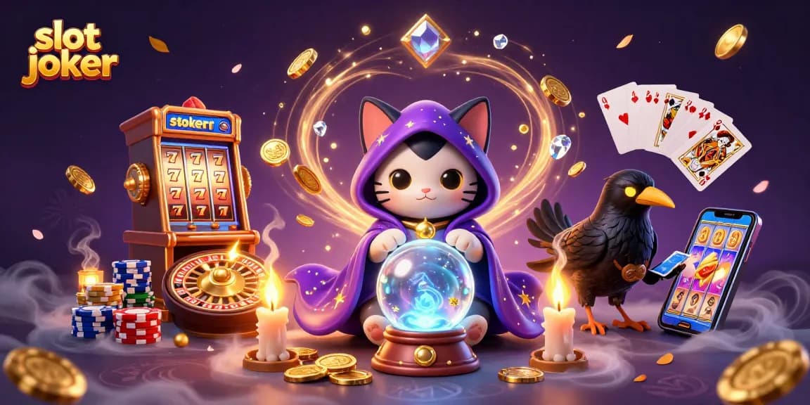 Engage with slot joker's thrilling gameplay featuring a mystic cat, winning slots, and dazzling casino elements.
