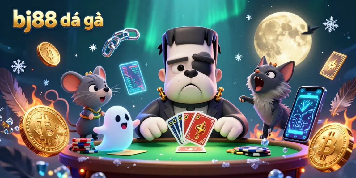 Engage in bj88 đá gà with thrilling action as Frankenstein bulldog deals cards at the spooky table.