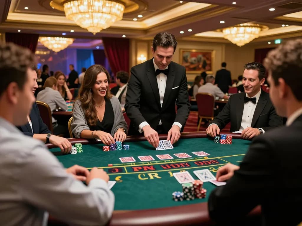 Players placing bets at a blackjack table in a vibrant casino, gem88 com showcases strategic gameplay.
