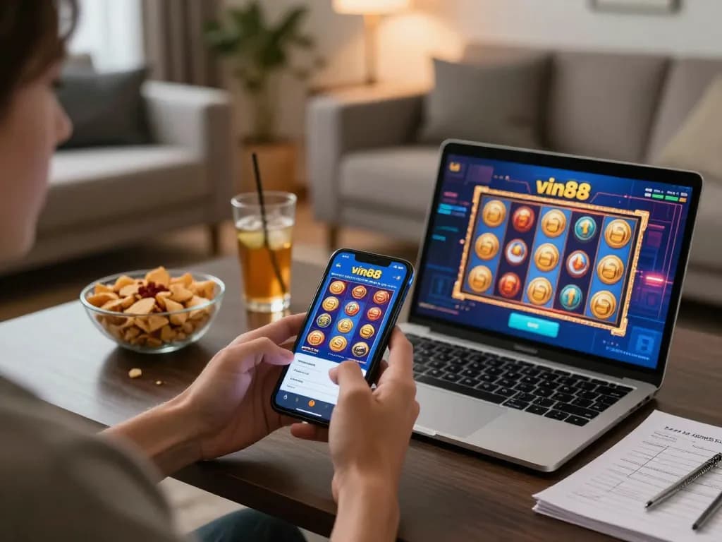 Play exciting games on vin88 with players enjoying an engaging online casino experience in a cozy home setting
