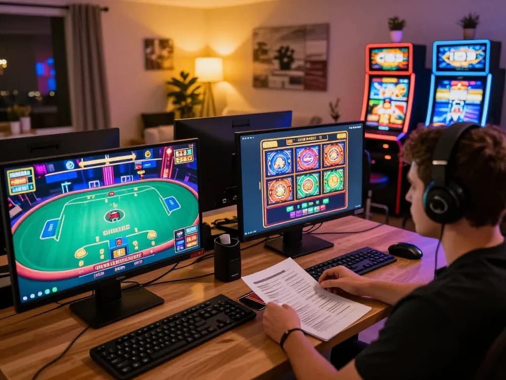 Engaged player at home gaming with PHTAYA casino app on tablet showcasing colourful slots and live poker.