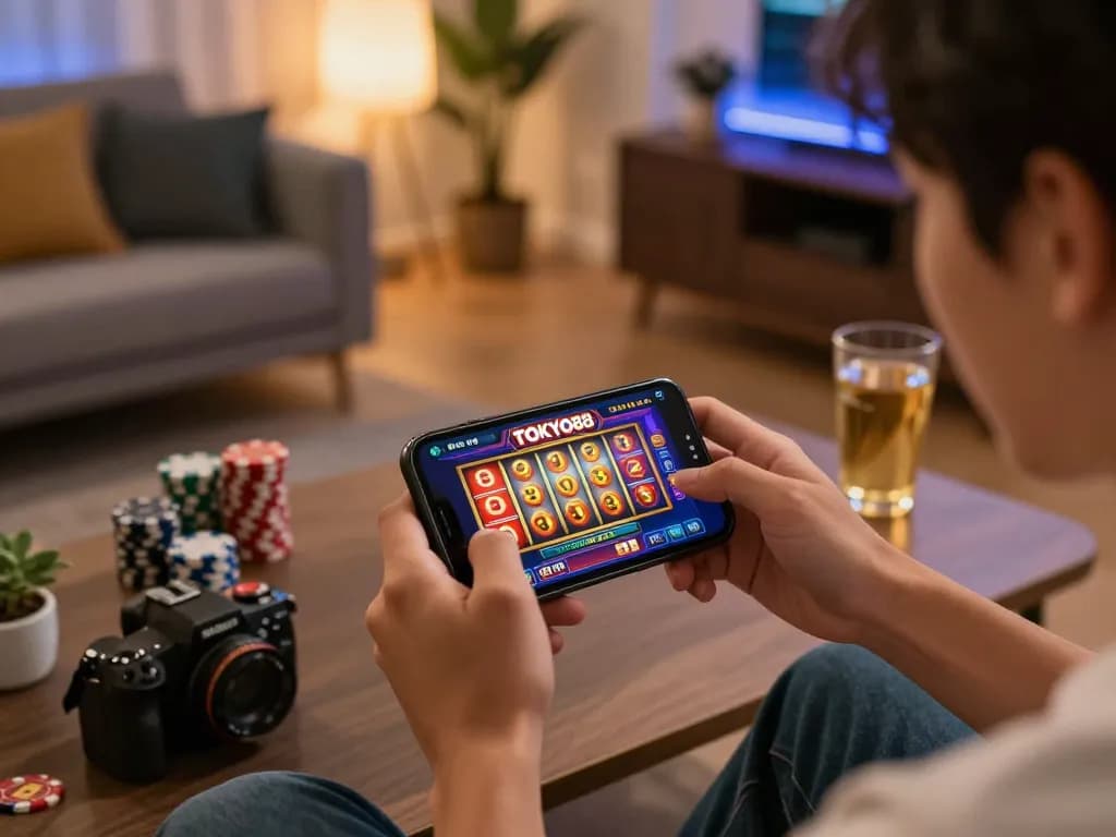 Berinteraksi dengan aplikasi kasino TOKYO88 di smartphone yang menampilkan slot yang cerah untuk pengalaman permainan yang dinamis.
