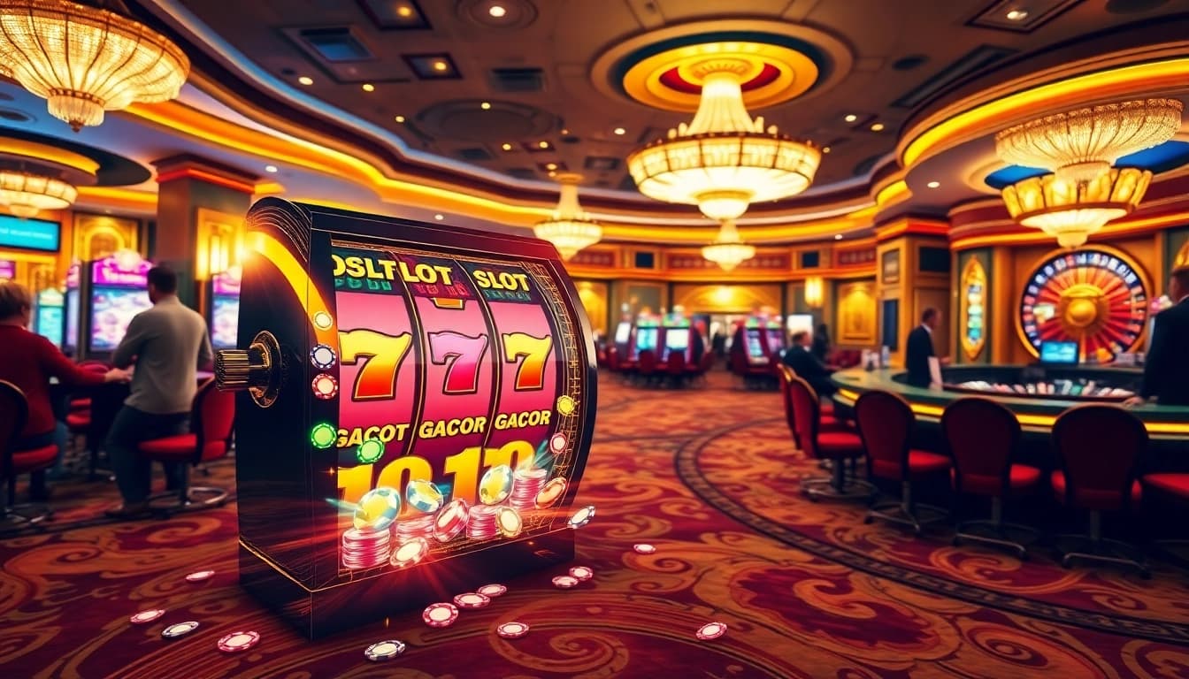 Exciting scene showcasing a slot gacor machine in a luxurious casino with players betting.