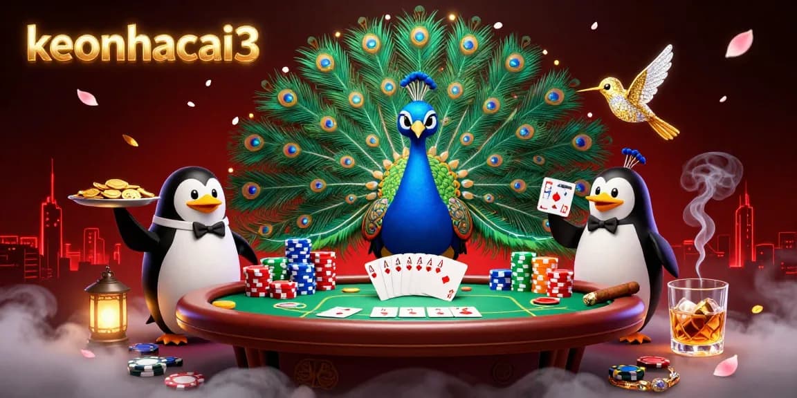 Experience the delightful world of keonhacai3 with a peacock and butler in an engaging poker scene.