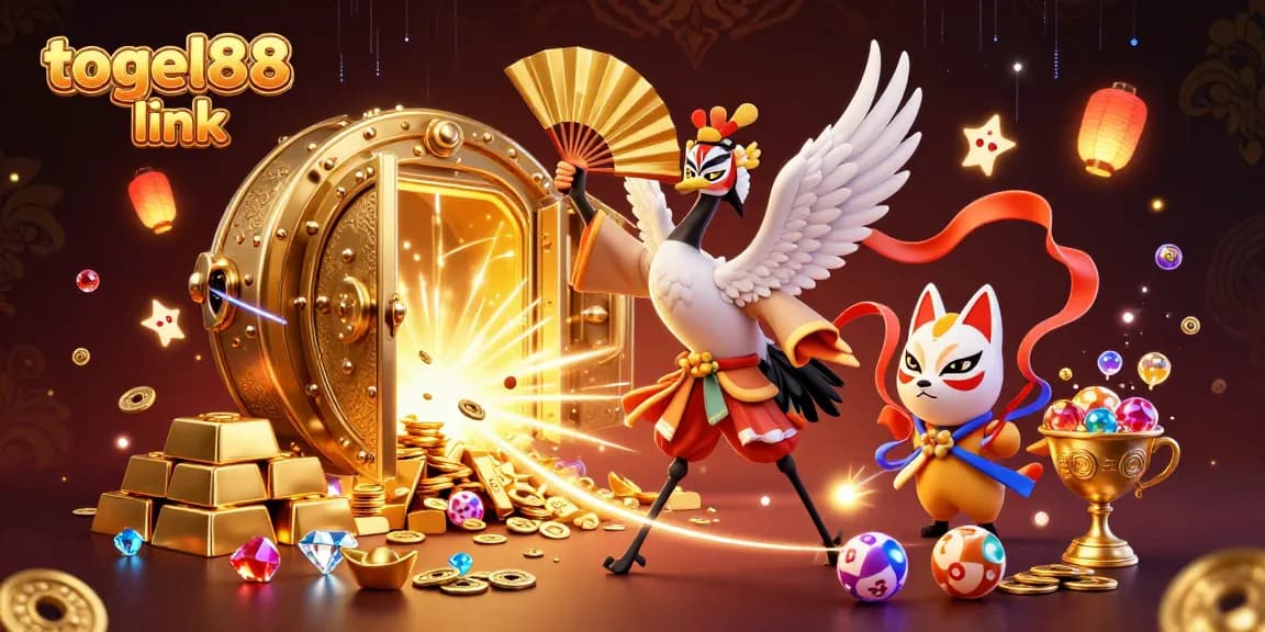 Togel88 link showcases a dynamic 3D scene with kabuki characters and lottery elements for an engaging betting experience.