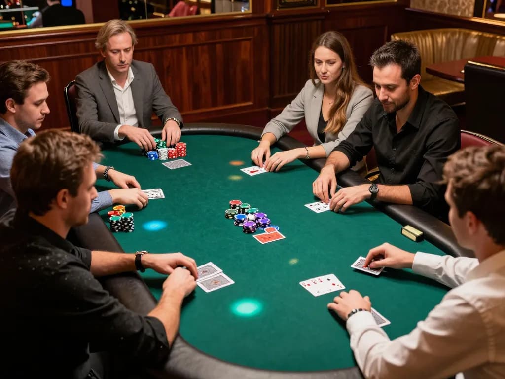 Players engaging in an intense poker game at du88 casino table, showcasing chips and cards with high stakes.