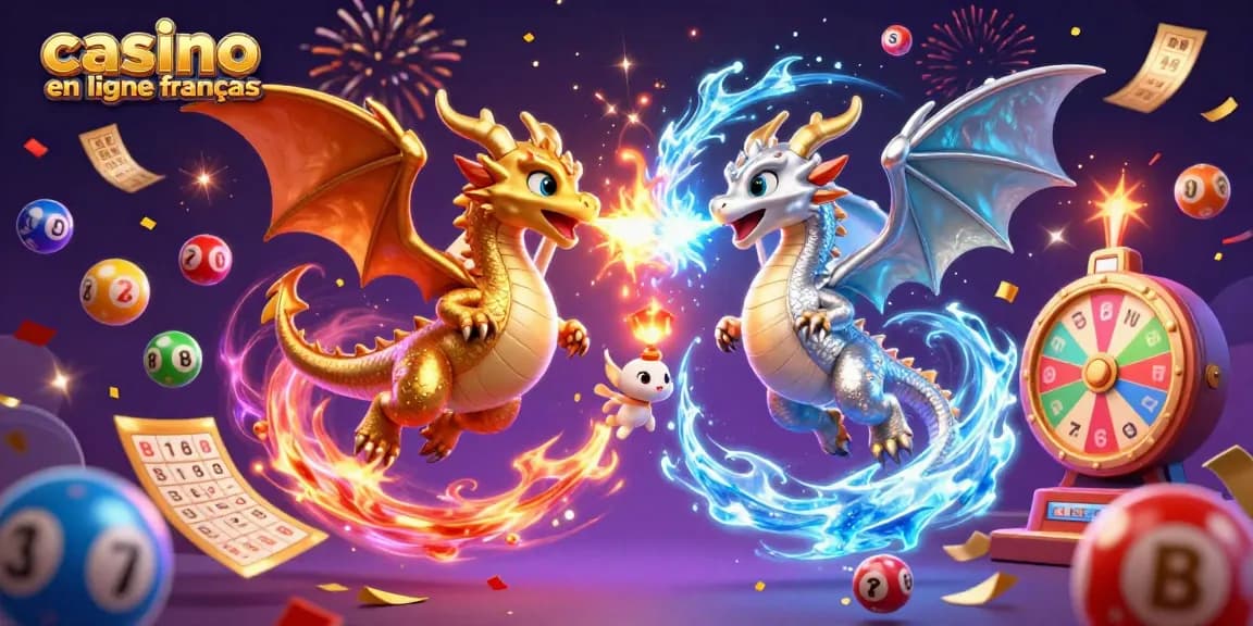 Jouez au casino en ligne français avec des dragons jumeaux et des éléments de loterie colorés dans une atmosphère magique