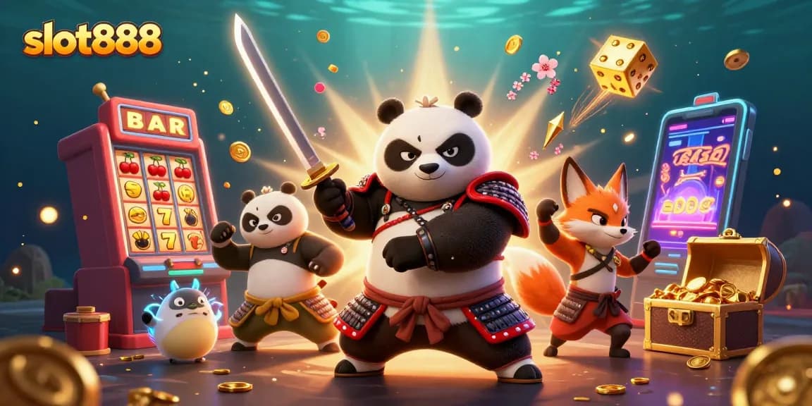 Engage with slot888 in a vibrant gaming scene featuring a samurai panda and dynamic casino elements.