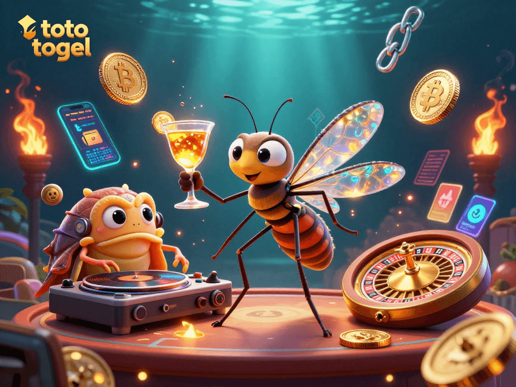 Engage in thrilling toto togel bets with a lively frozen mosquito mascot and classic casino elements.