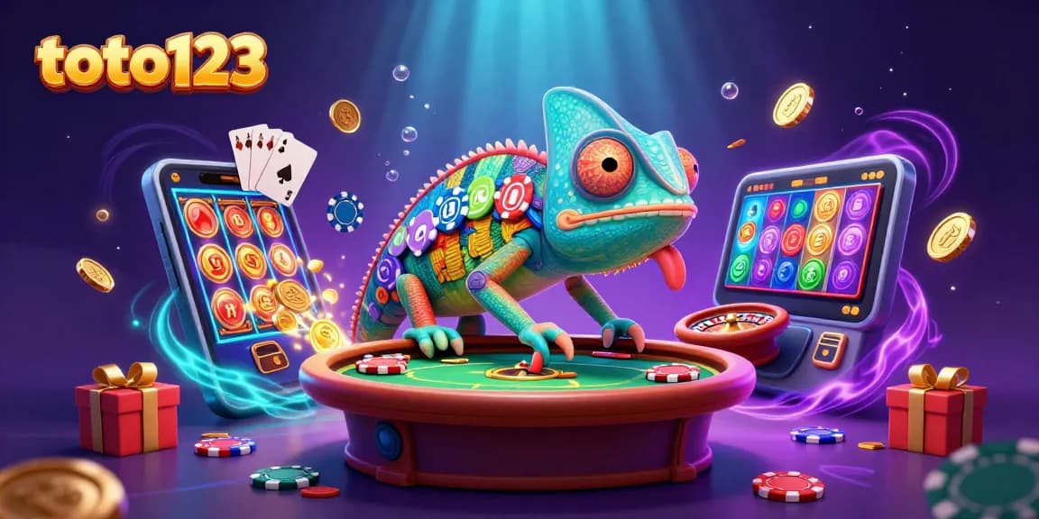 Win big at toto123 with the chameleon casino owner and exciting gambling elements in a vibrant scene.