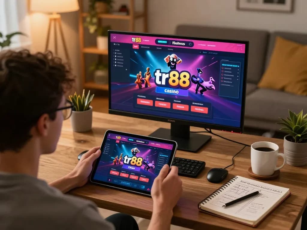 Player enjoying tr88 online gaming experience on tablet in cozy home setting.