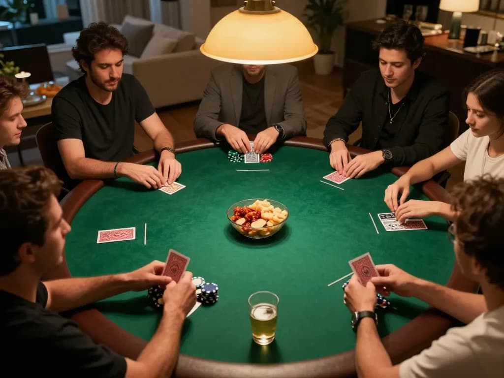 Players engaged in a friendly poker game at home, showcasing goal123.ac gaming strategy.