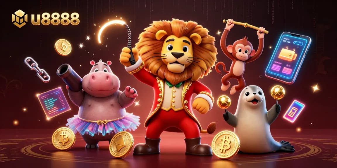 Engage in thrilling gaming at u8888 with cartoon characters and crypto elements lighting up the scene.