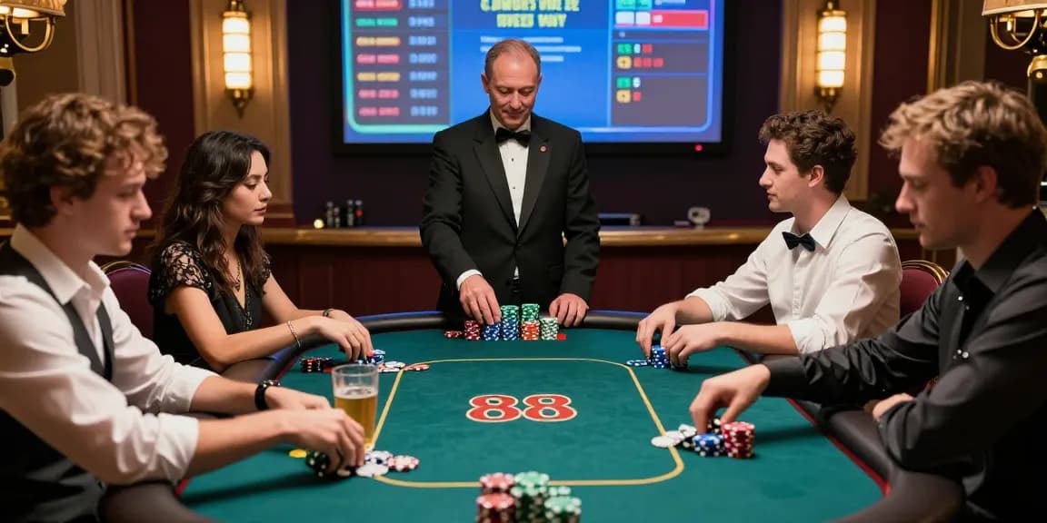 Permainan poker88 dengan pemain antusias dan dealer di meja, suasana kasino yang mewah.