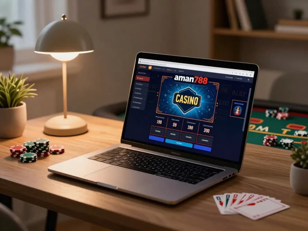 Berinteraksi dengan antarmuka kasino online aman788 di laptop di rumah dalam suasana yang nyaman.