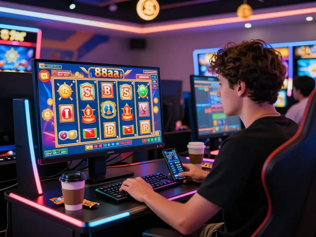 Exciting 88aa slot game experience with dynamic visuals and enthusiastic player at a modern gaming station.