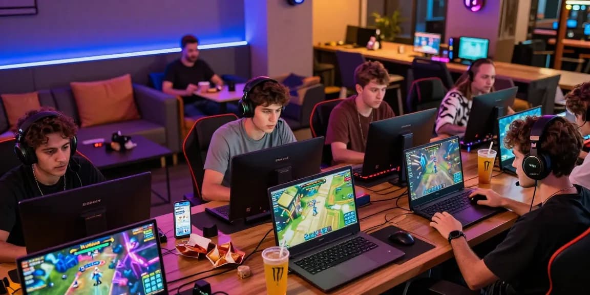 Players enjoying H5 Winbox gaming on various devices in a vibrant lounge.