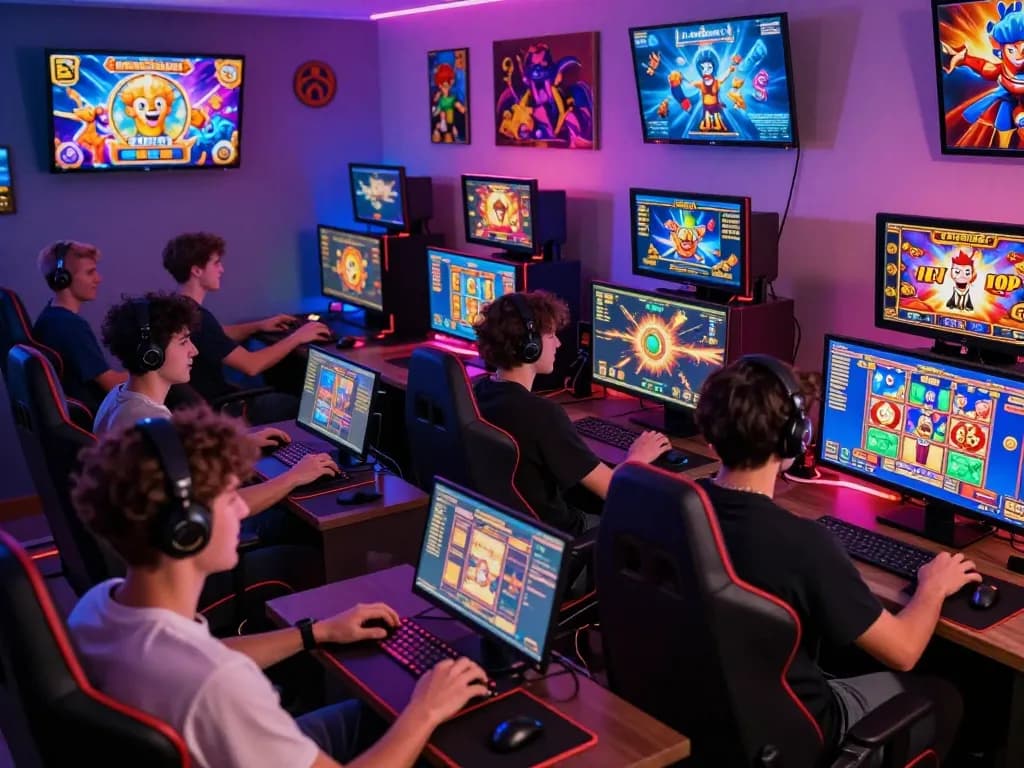 Pemain yang terlibat menikmati permainan situs slot gacor online di pengaturan rumah yang cerah dengan visual warna-warni.