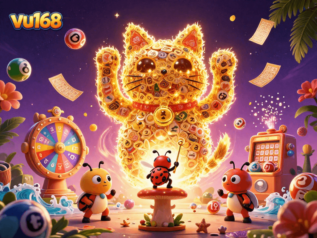 Experience the vibrant world of vu168 with a giant lucky cat and dynamic casino symbols.