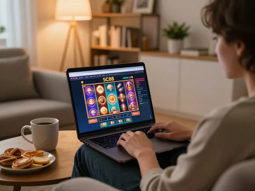 Engaging with SC88 online casino gaming on laptop at home, showcasing vibrant gameplay.