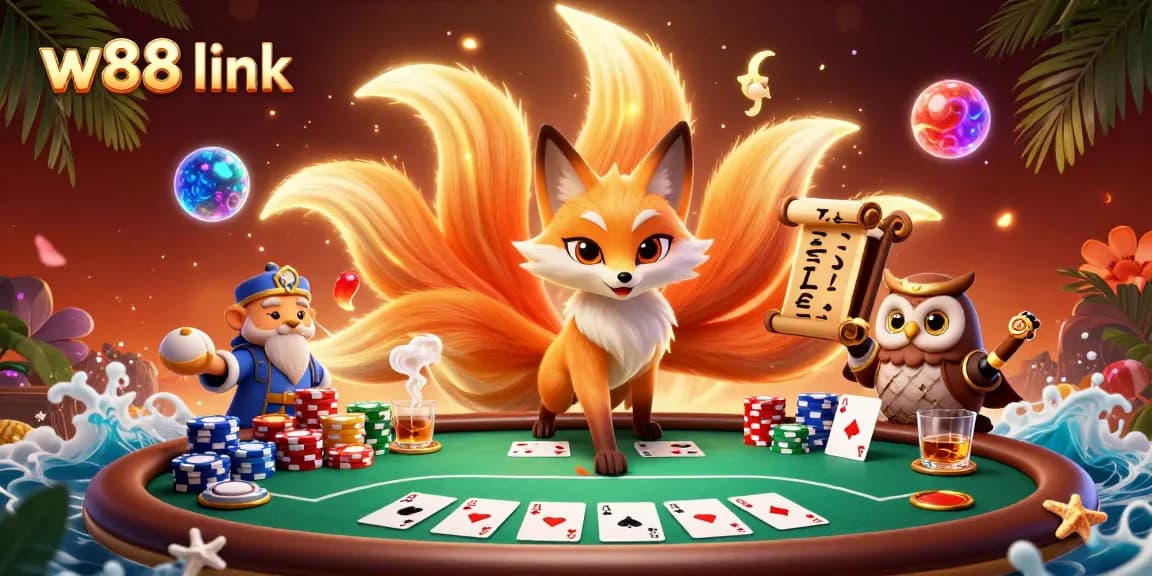 Engage with the vibrant w88 link universe of online gaming, surrounded by poker elements and enchanted characters.