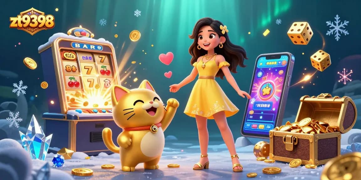 Engage with zt9398's vibrant casino atmosphere filled with excitement, golden coins, and lucky symbols.