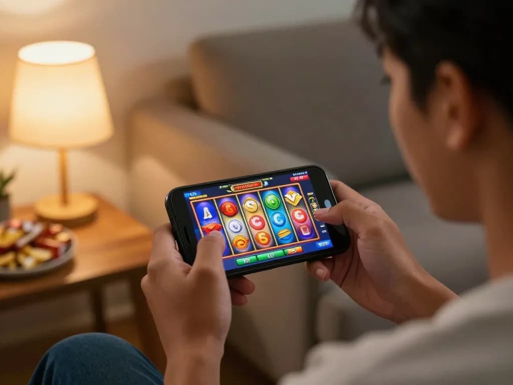 Filipino player enjoying an Online Casino game on smartphone in a cozy home setting