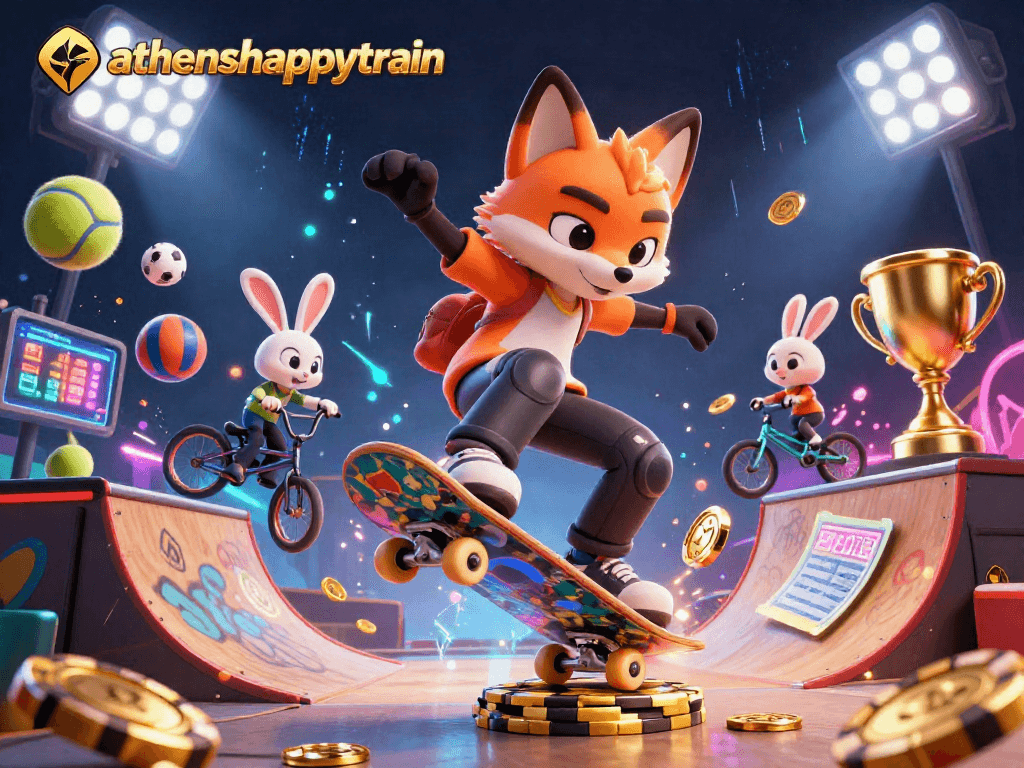 Athenshappytrain showcases a vibrant digital illustration with a skateboarder fox and BMX rabbit among casino-themed sports elements.