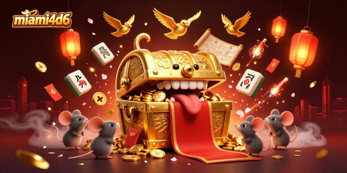 Engaging scene of miami4d6 online casino featuring a treasure chest and vibrant game symbols.