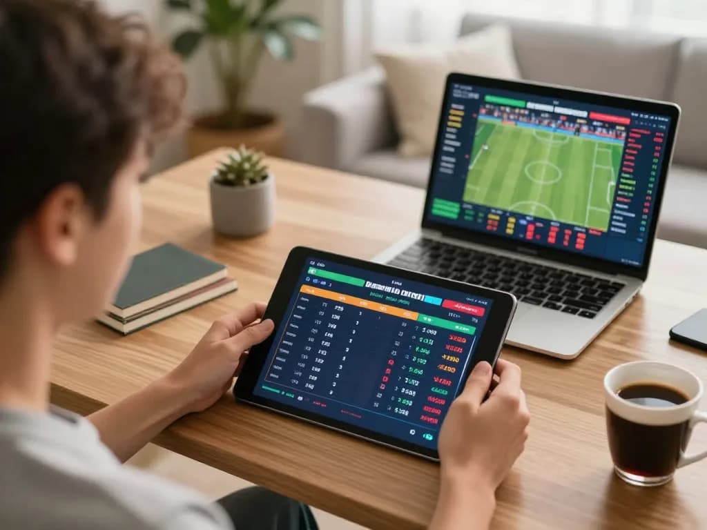 Soi kèo nhà cái displayed on tablet as user analyzes live sports betting odds in home setting.