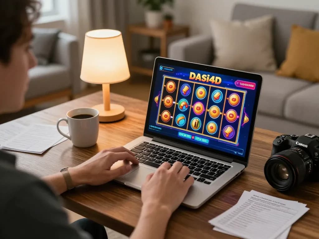 Menjelajahi permainan slot dasi4d di laptop dalam suasana rumah yang nyaman dengan grafik yang hidup.