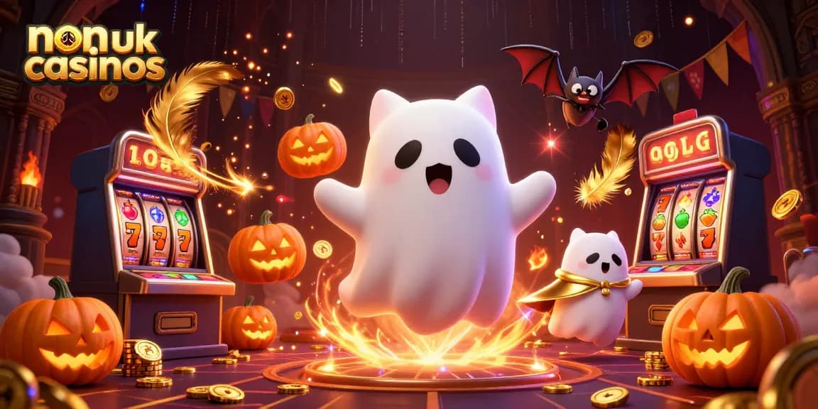 Engage with non UK casinos through a vibrant scene showcasing a ghost cat and pokers within a haunted casino.