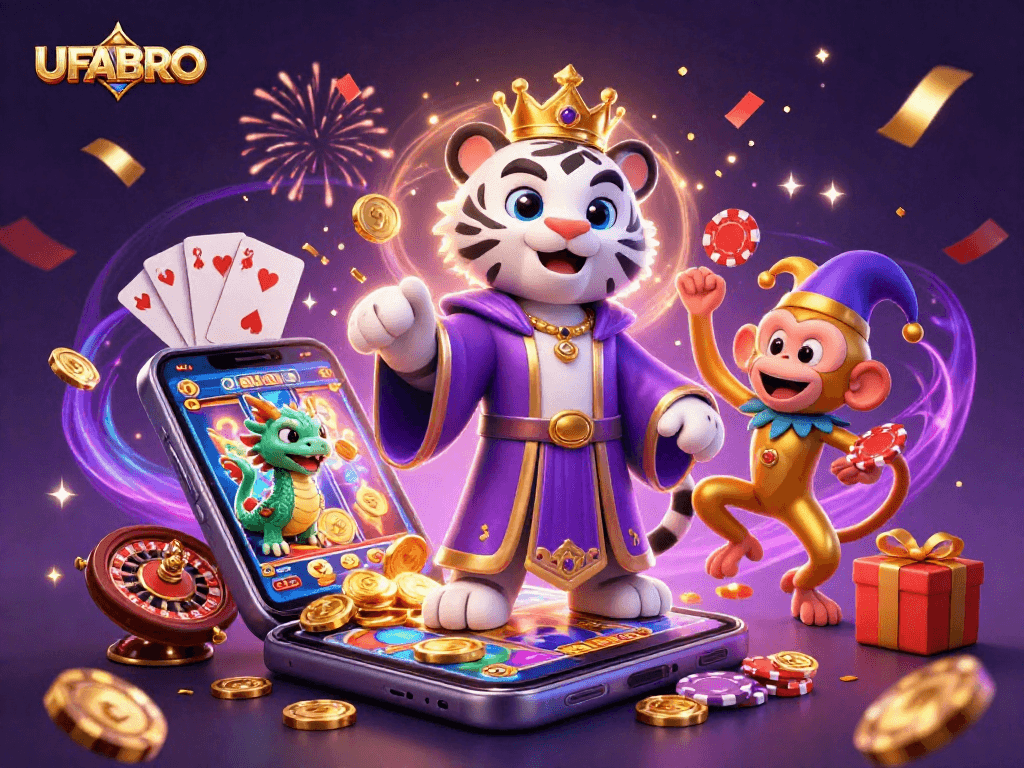Engage with UFABRO casino action featuring a 3D tiger, monkey juggling chips, and vibrant game elements.