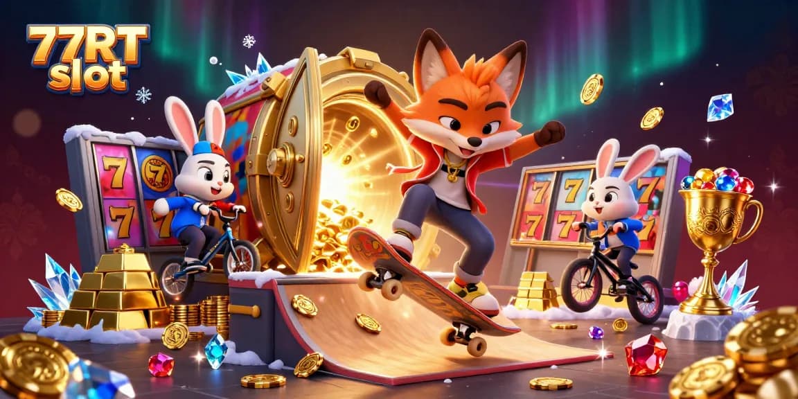Join the thrill of 77RT slot as cartoon characters celebrate with slot reels and golden treasures.