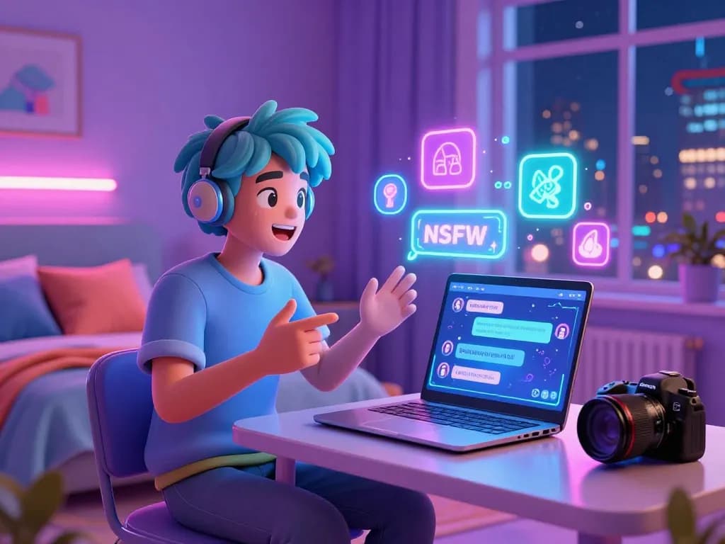 Engaging in playful NSFW AI chat with a vibrant avatar in a cozy virtual bedroom setup.