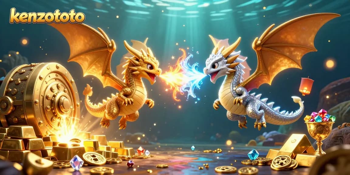 Engage in thrilling gameplay with kenzototo, where dynamic gold and silver dragons battle while treasure bursts around them.