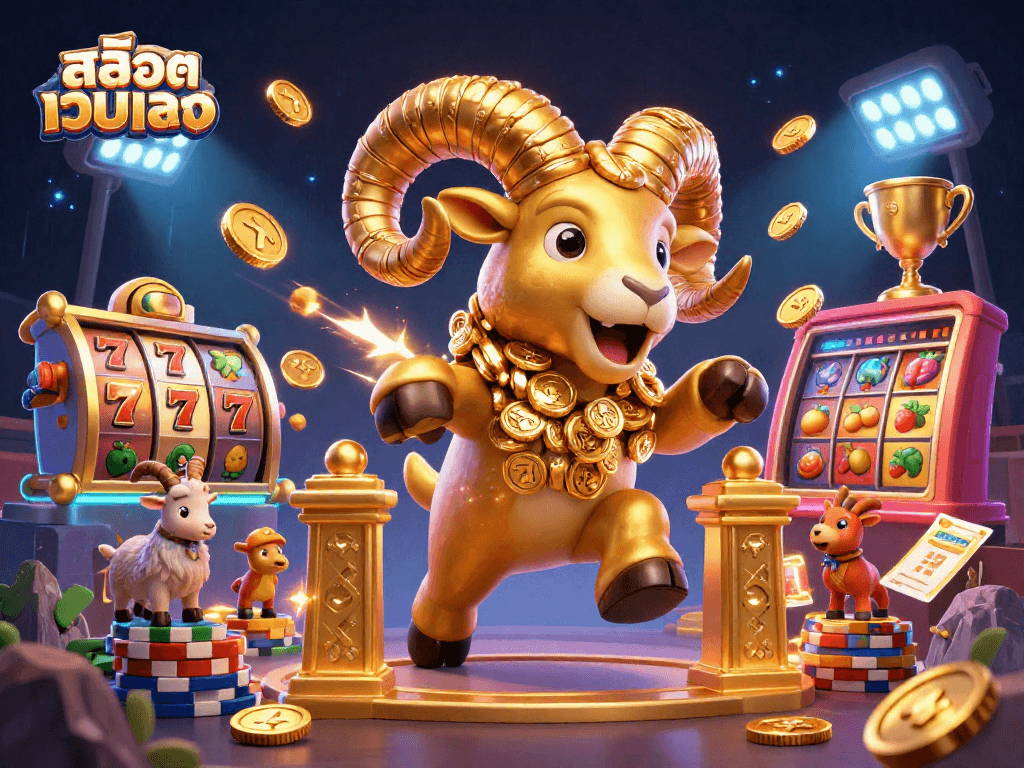 Experience the excitement of สล็อตเว็บตรง with dynamic slot elements and a golden ram mascot.