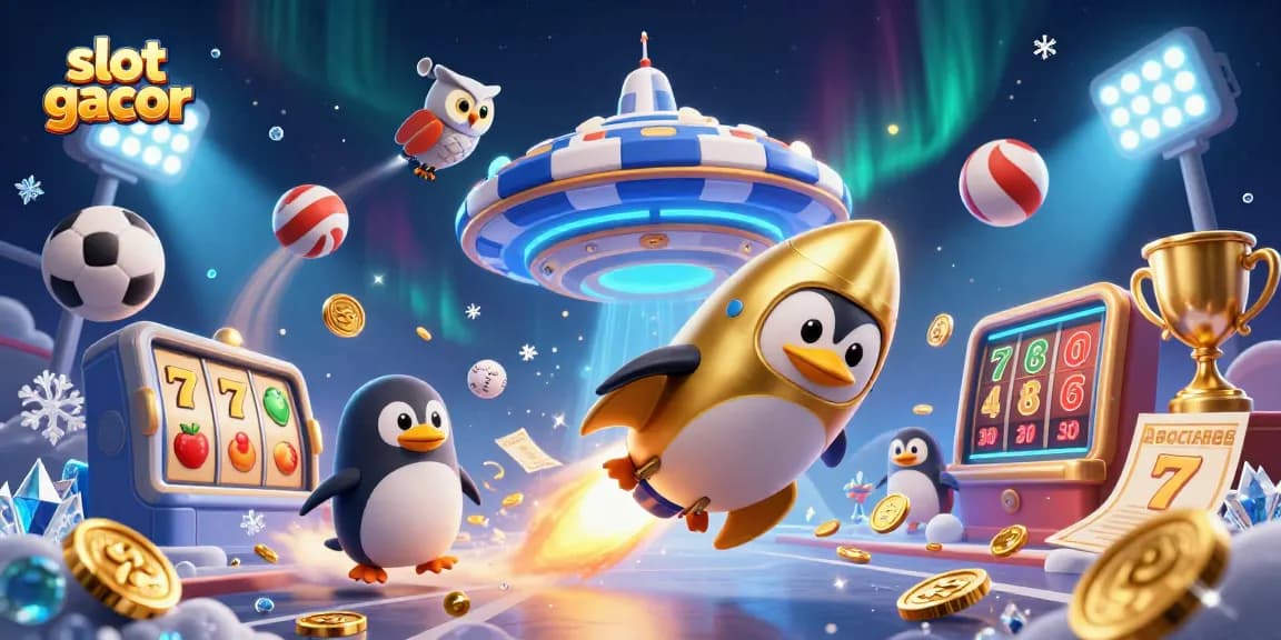 Bermain slot gacor dengan penguin emas roket yang mengudara, dikelilingi koin emas, simbol buah, dan elemen kasino lainnya.