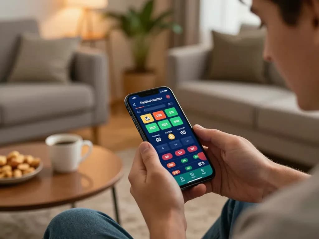 Sunwin player engaged in mobile betting on smartphone in cozy home setting