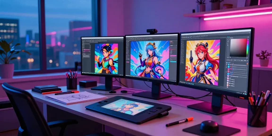 Artistic workspace with NSFW AI character designs on screens, showcasing creativity.